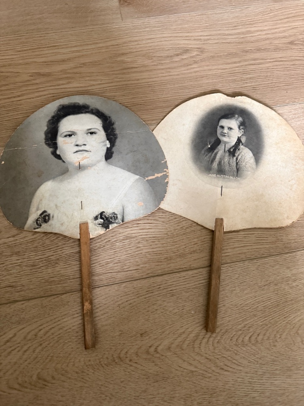 Vintage Handheld Photo Fans with Wooden Handles - Black & Cream Portraits